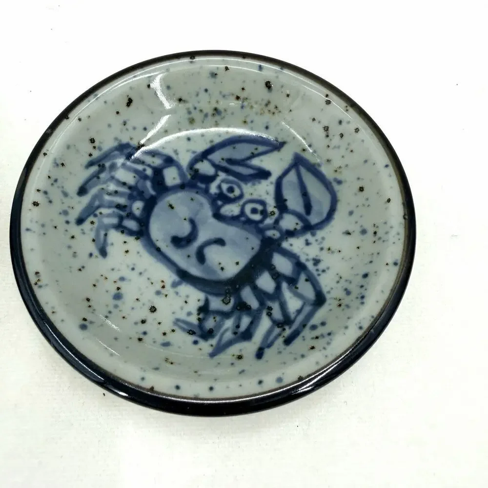Ceramic Sushi Soy Sauce Dish Hand Painted Crab Design Blue Speckled 3.5